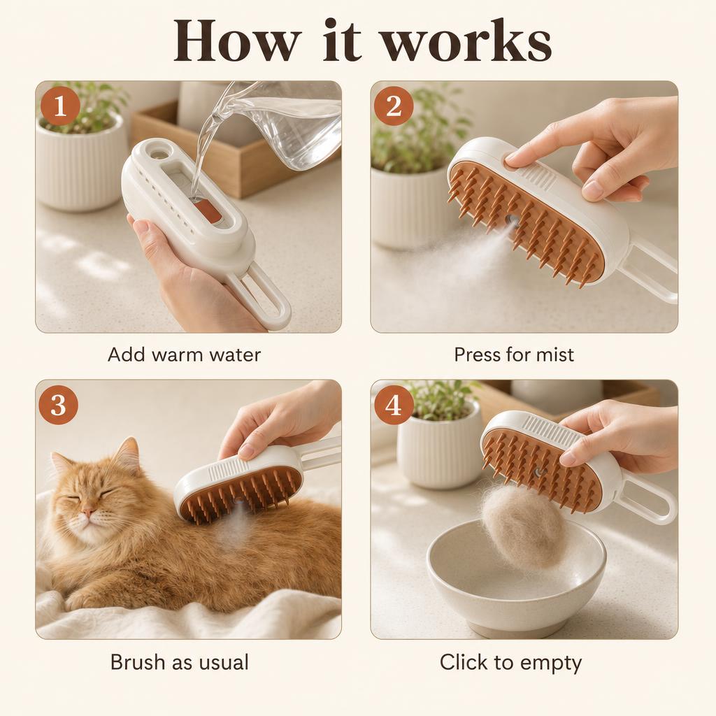 How it works: add warm water, press for mist, brush as usual, click to empty